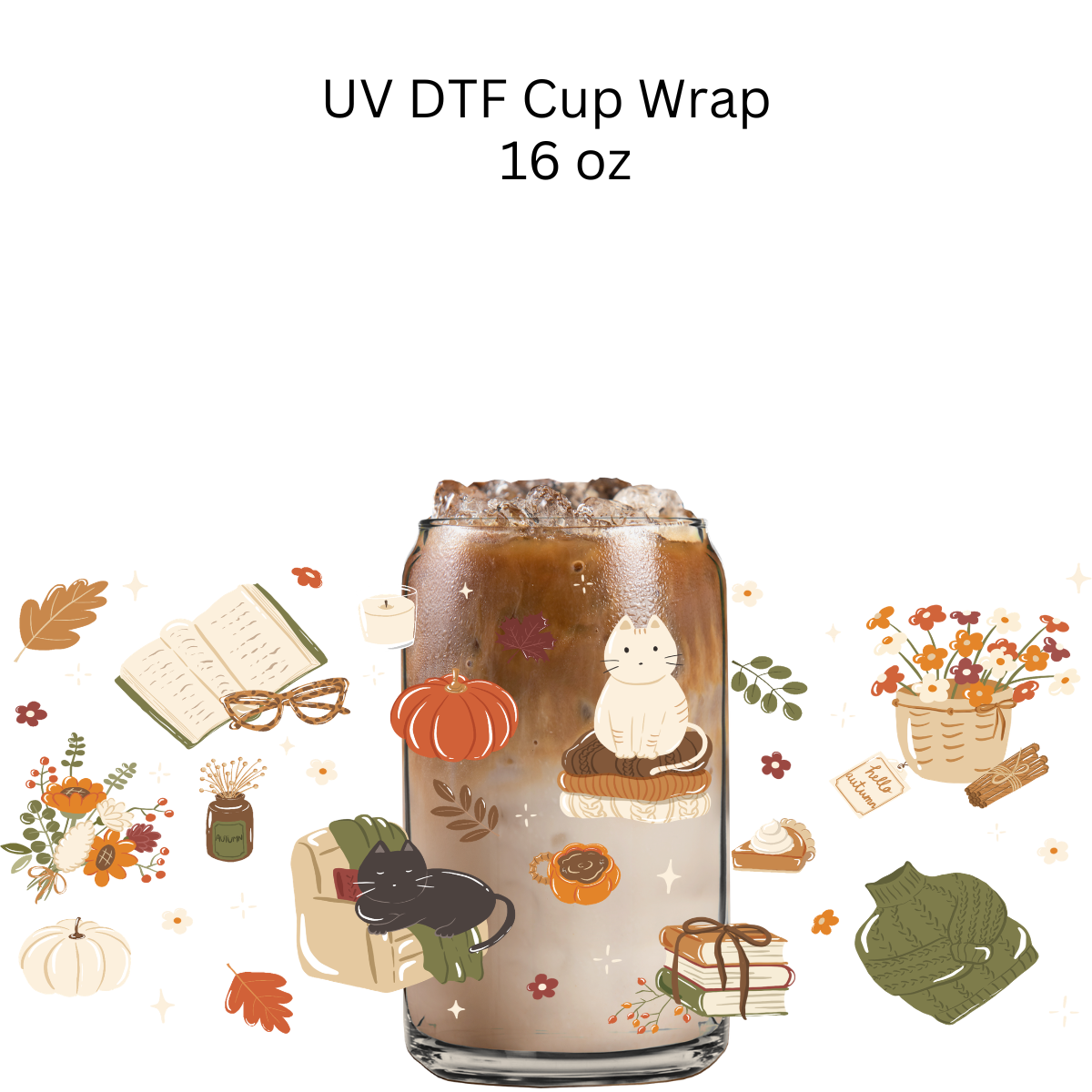 Hello Autumn Books and Cat UV DTF Cup Wrap