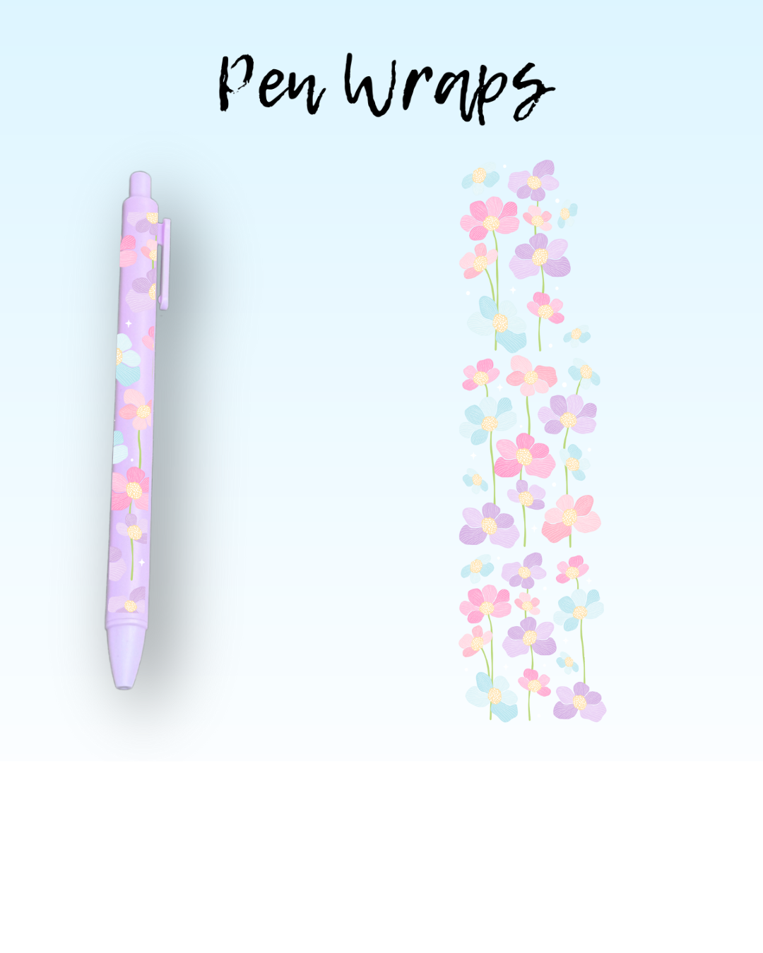 Pastel Pink, Blue, & Purple Flowers Pen Wrap For Ballpoint Pen UV DTF