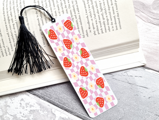 Checkered Flowers & Strawberries UV DTF Bookmark DOUBLE SIDED