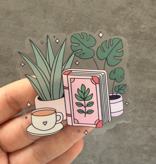 Plants, Coffee, & Books Clear Vinyl Sticker