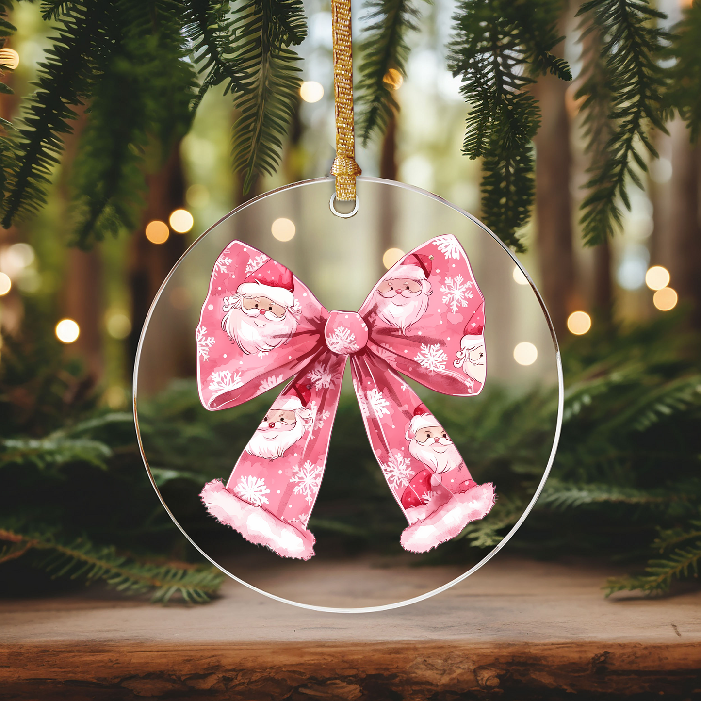 GOOD Santa Pink Bow Ornament Size UV DTF DOUBLE SIDED