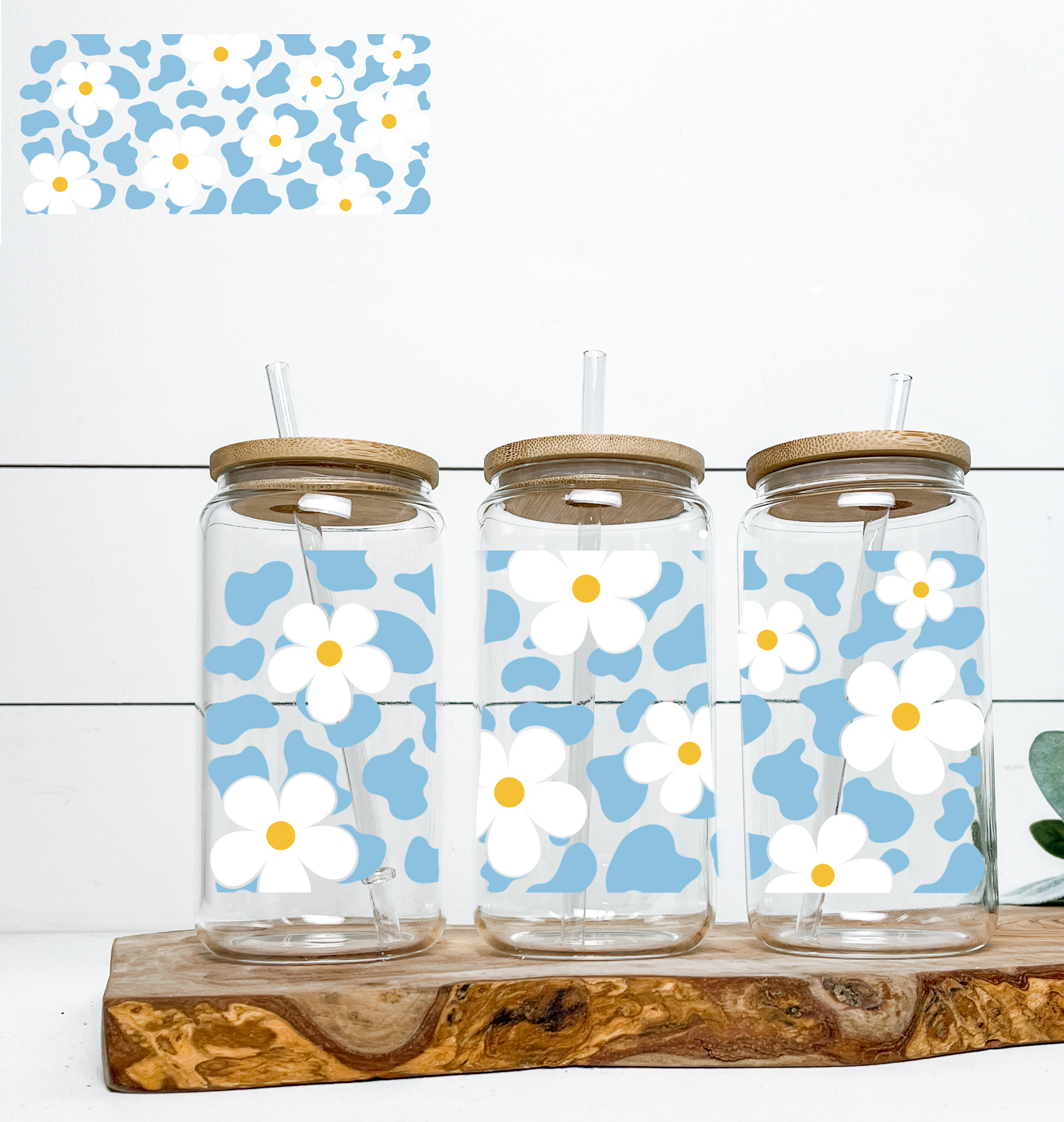 Blue Floral Cow Print WRAP / LID UV LAST CHANCE