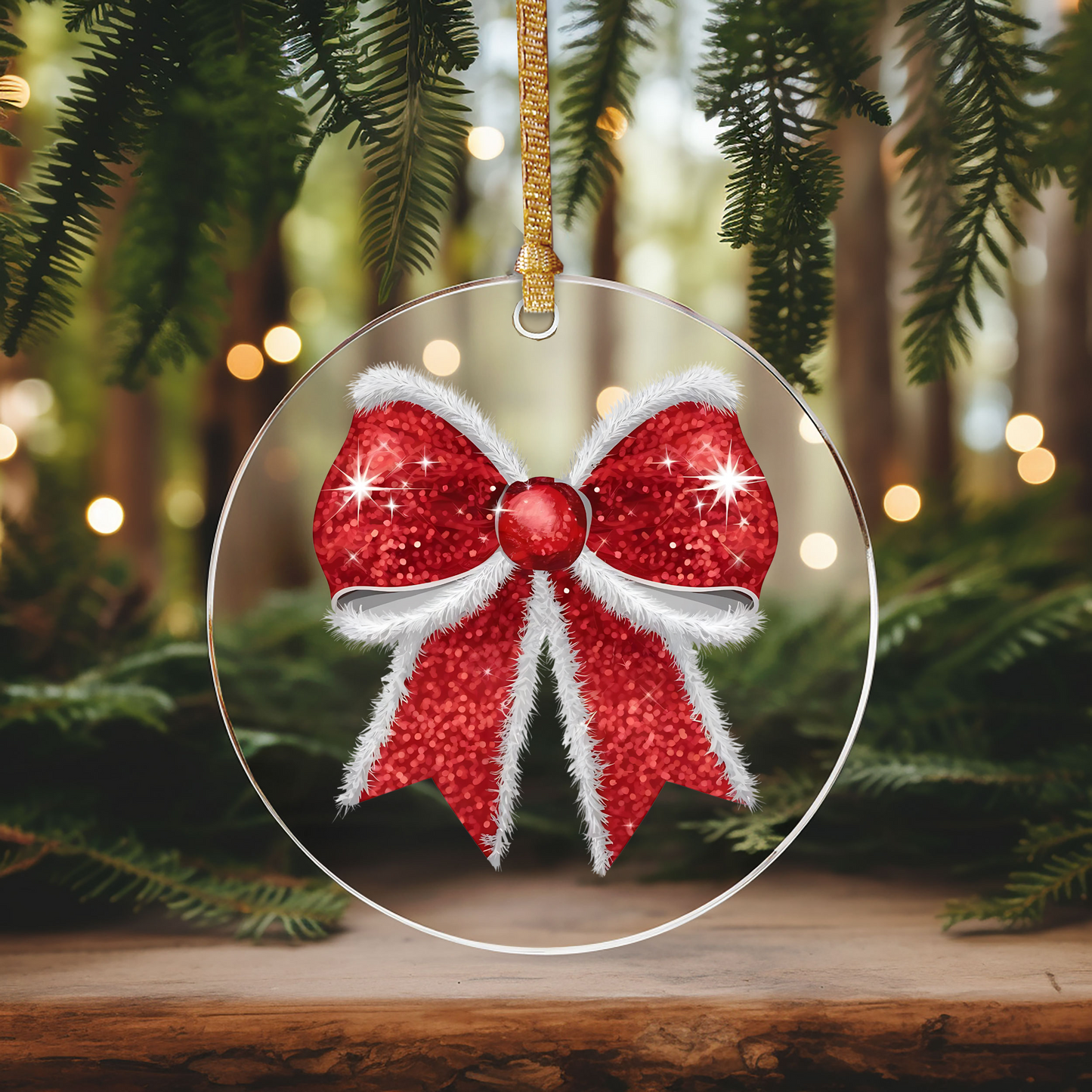 GOOD Glitter Red Bow Ornament Size UV DTF DOUBLE SIDED