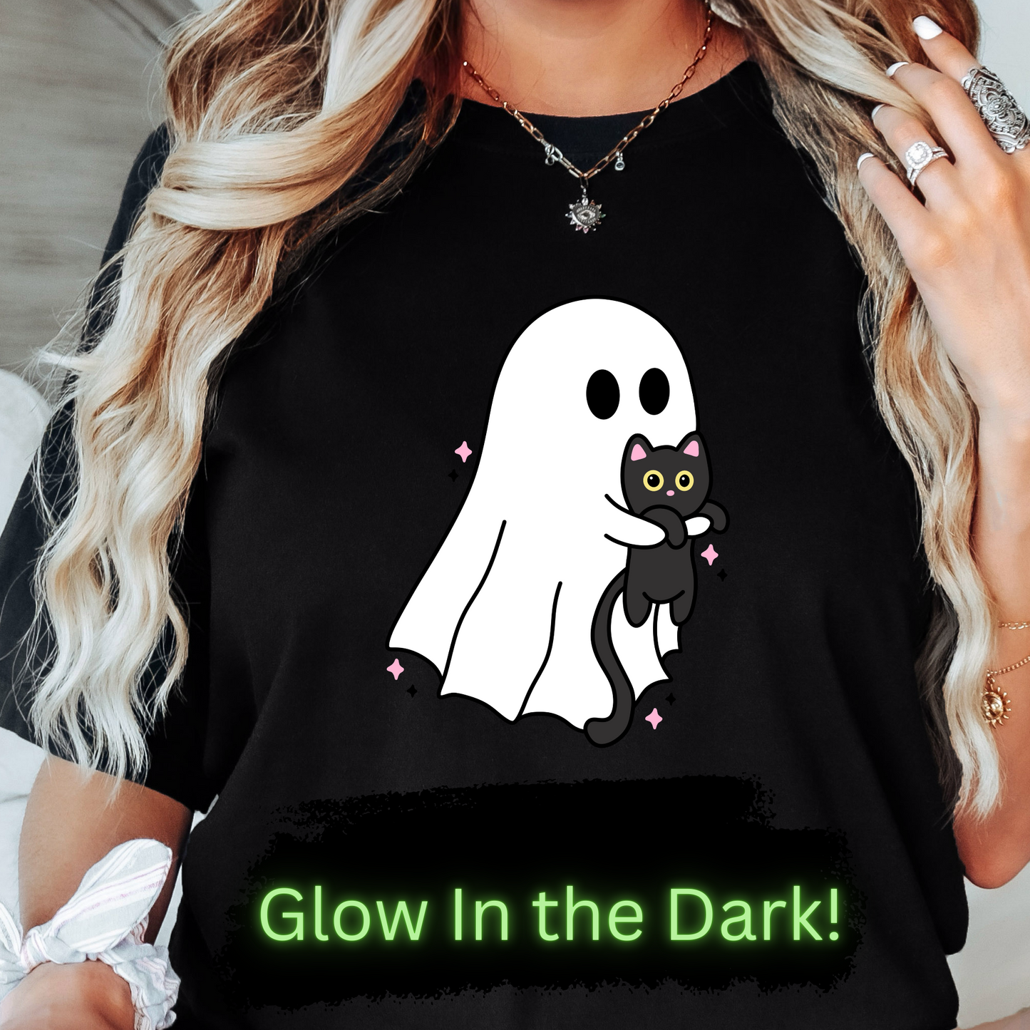 GOOD Ghost Holding Kitty DTF Transfer GLOW IN THE DARK