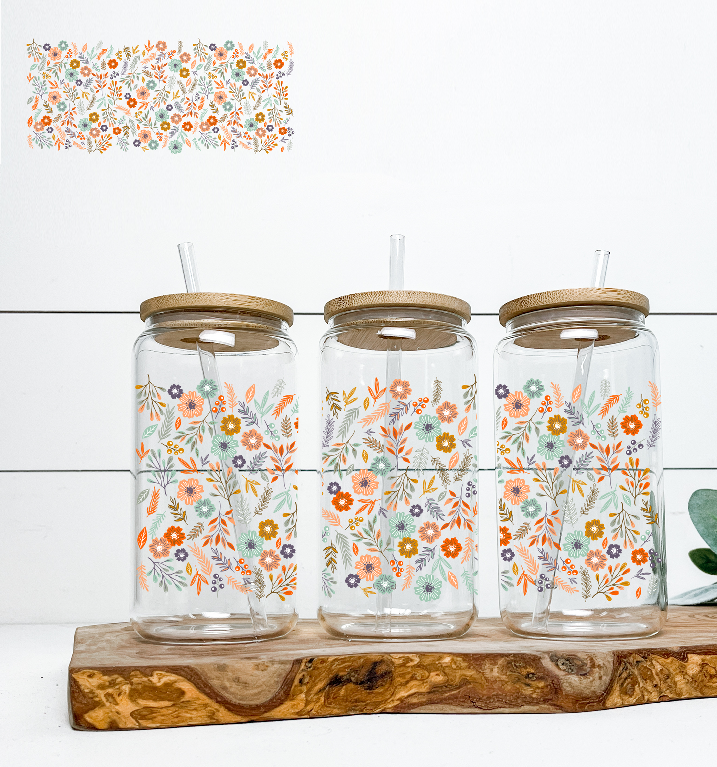 Green and Orange Flowers UV DTF Cup Wrap