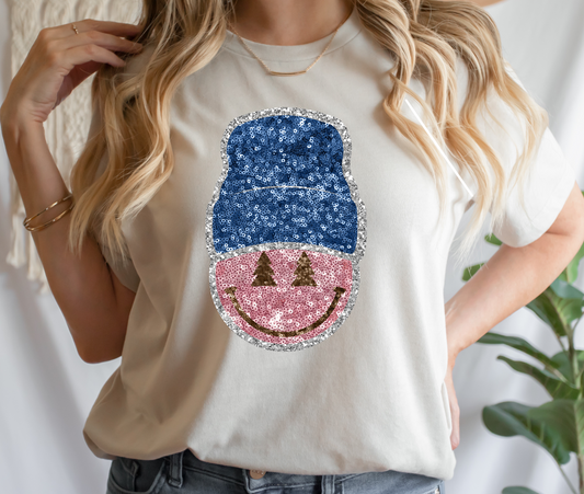 Glitter Beanie Happy Face DTF Transfer