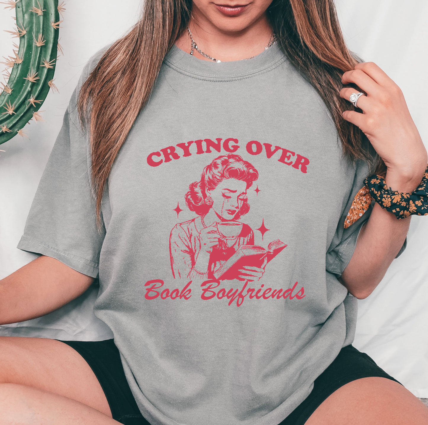 Crying Over Book Boyfriends Pink Screen Print Transfer