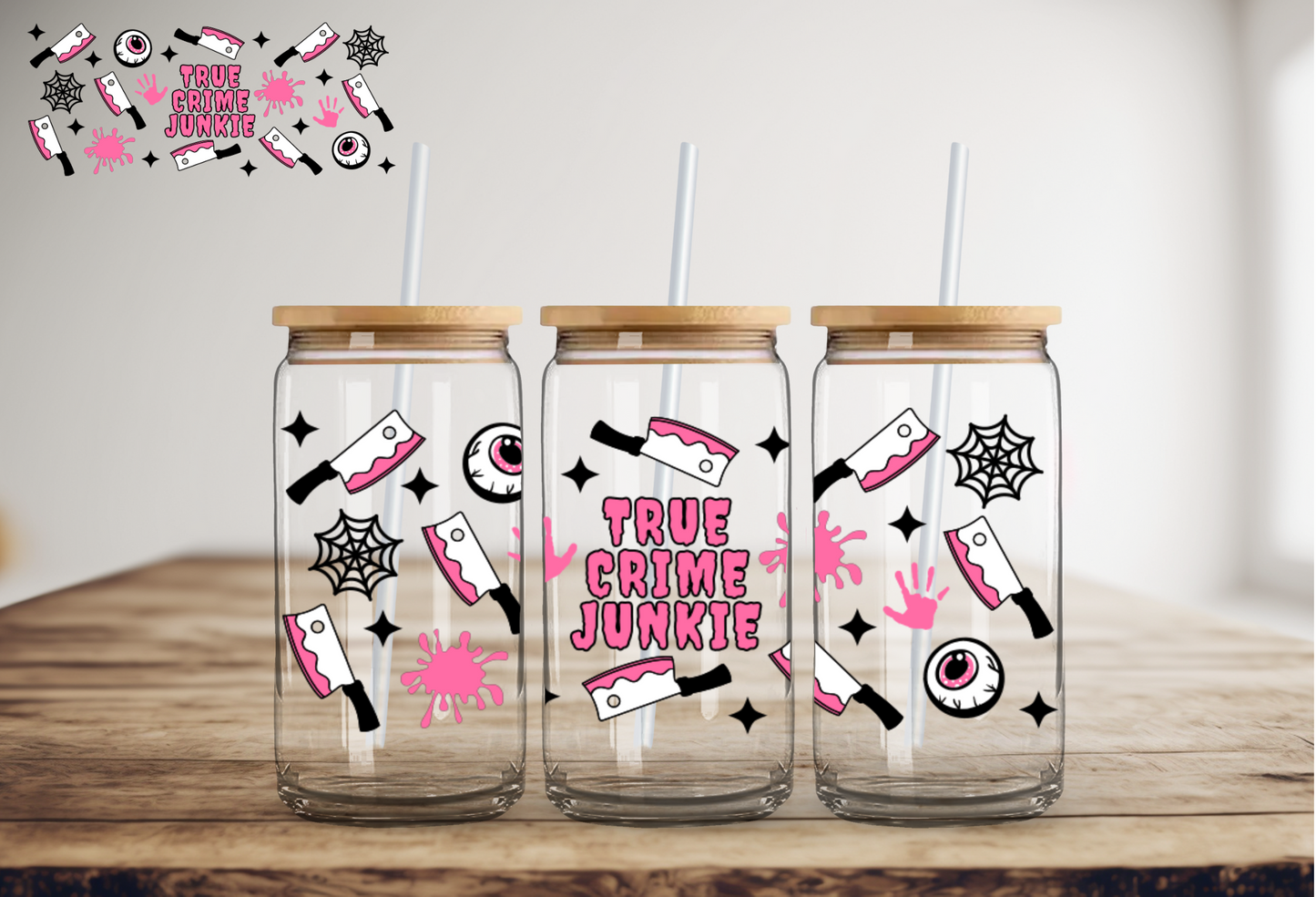 Pink True Crime Junkie UV DTF Wrap