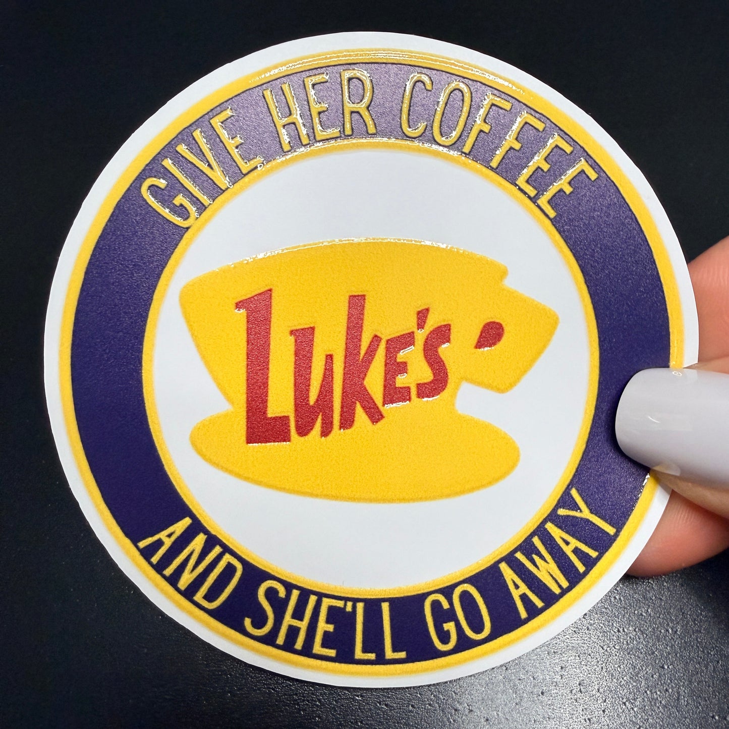 Give Her Coffee And She’ll Go Away White Vinyl Sticker