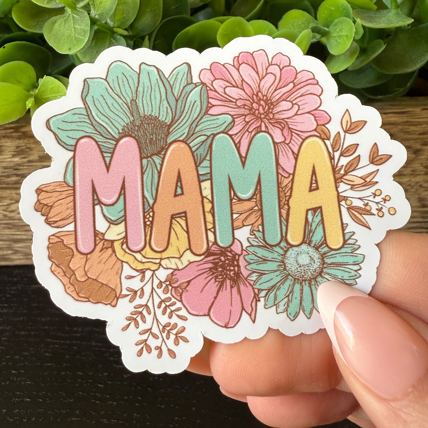 Pink Green Mama Floral White Vinyl Sticker 3"