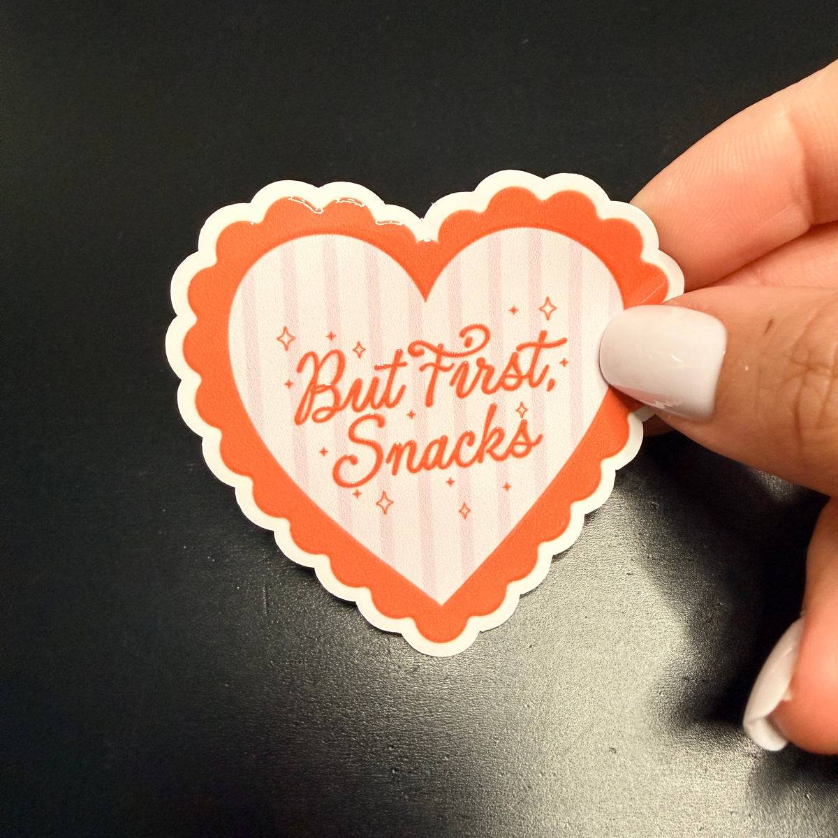 But First Snacks Heart White Vinyl Sticker 2.5"