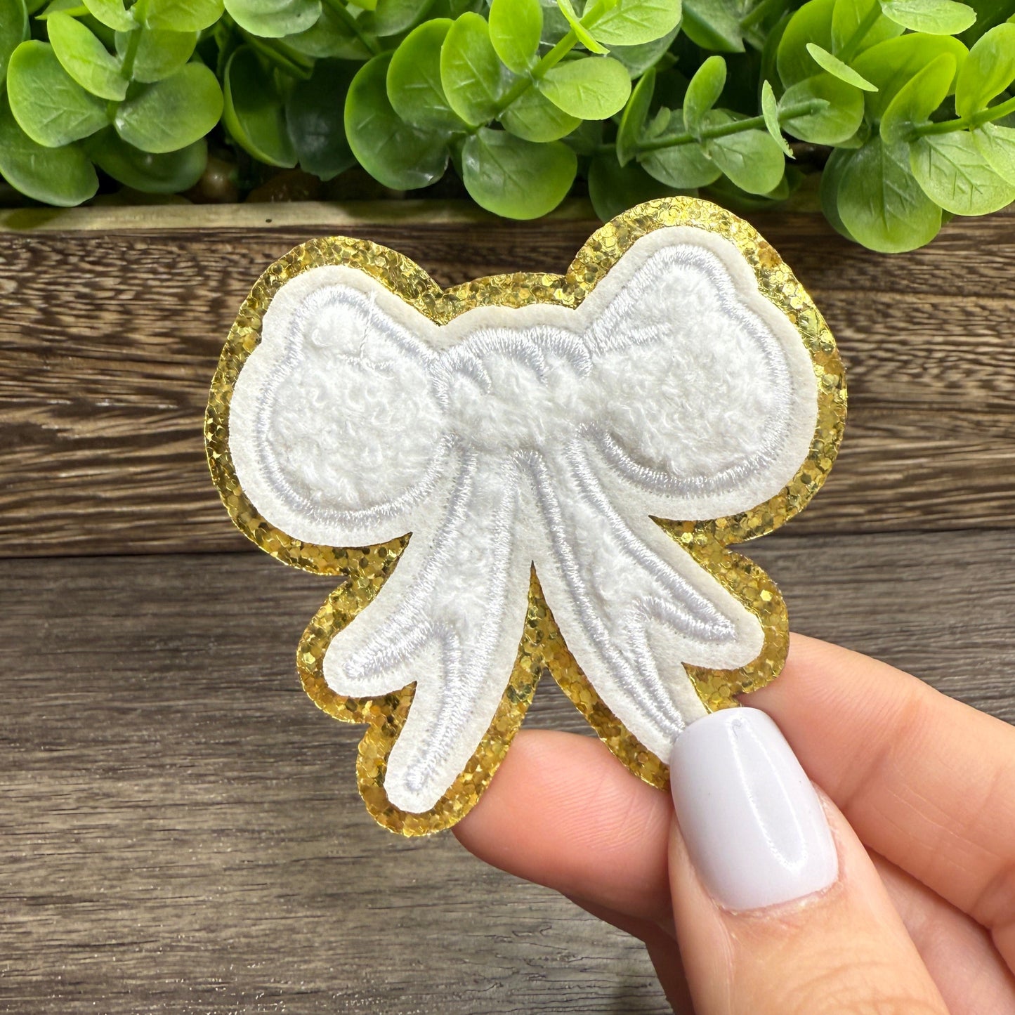 White Bow Chenille Hat Patches
