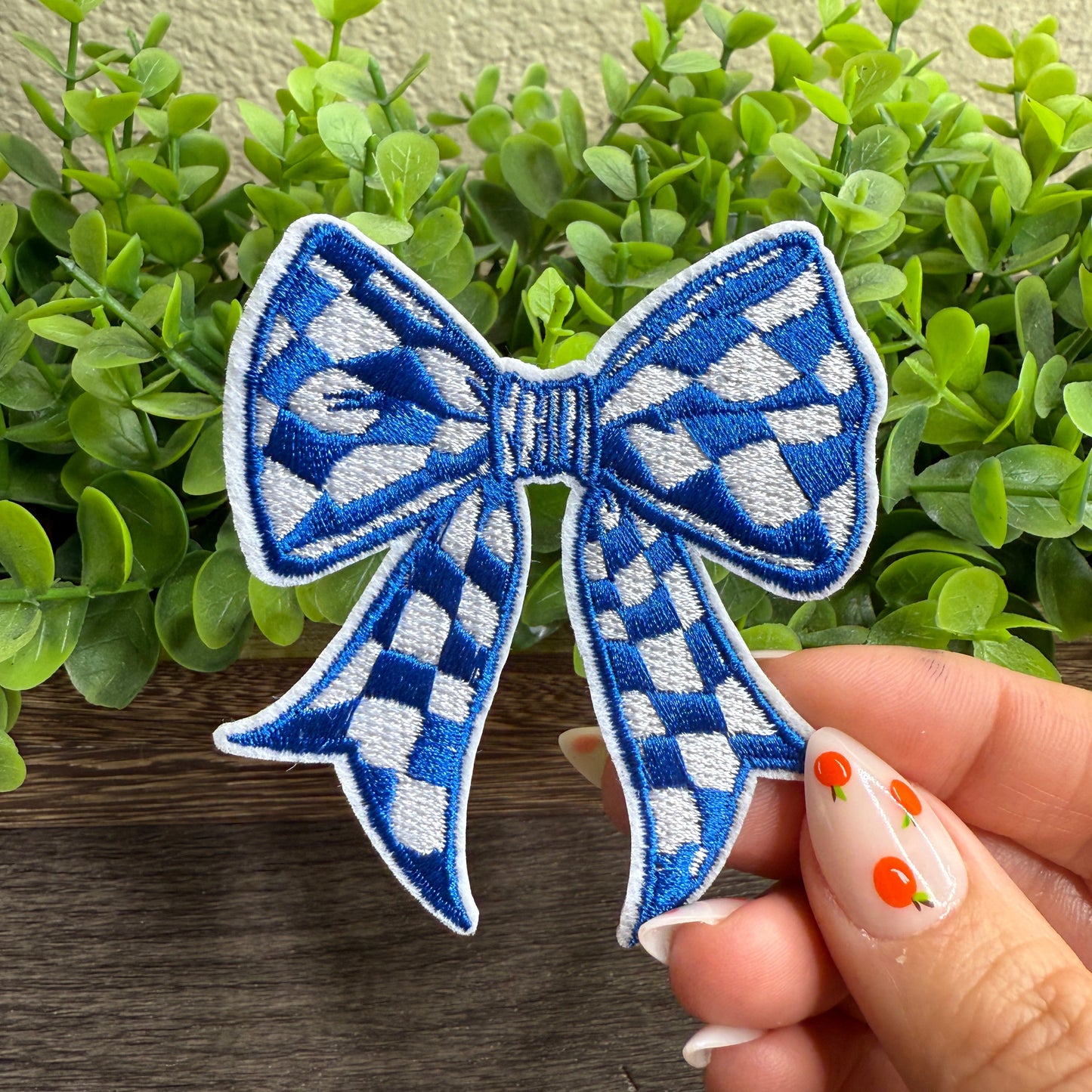 Blue and White Checkered Bow Embroidered Hat Patches