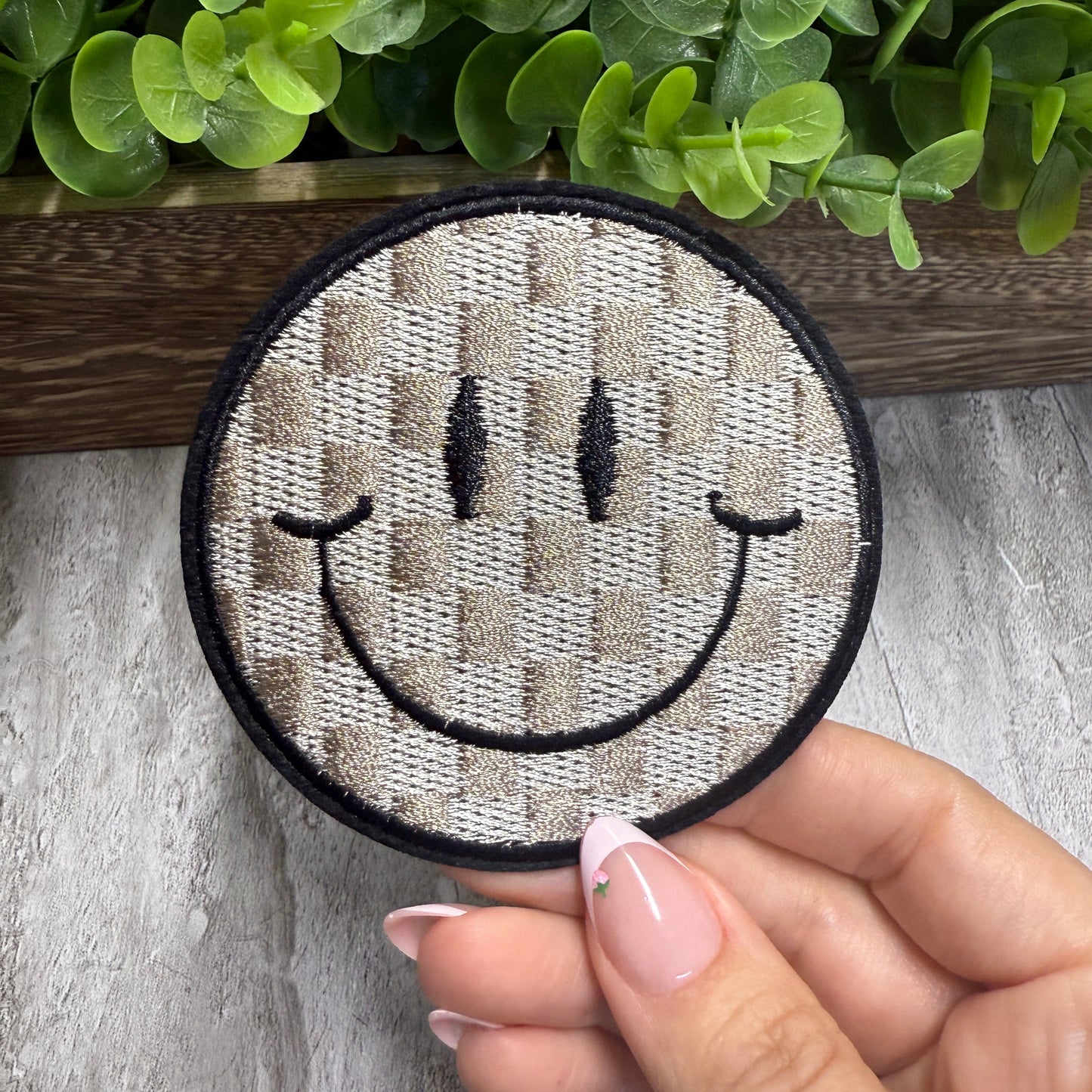 Tan Checkered Smile Embroidered Small Patches
