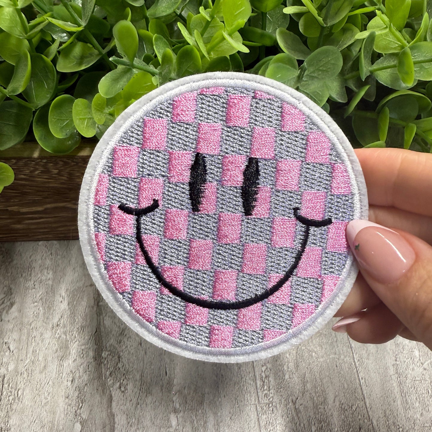Pink Purple Checkered Smile Embroidered Small Patches