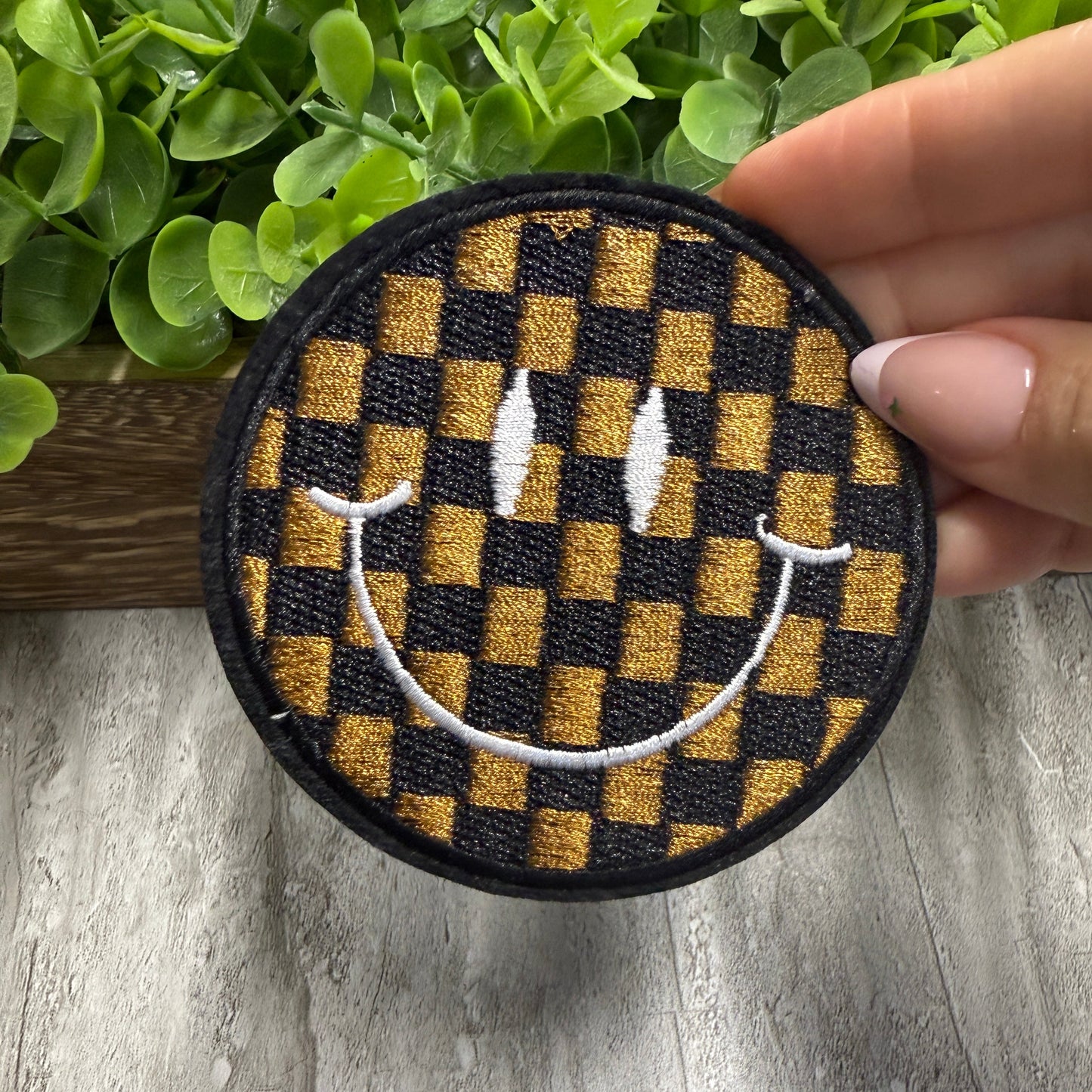 Brown Black Checkered Smile Embroidered Small Patches