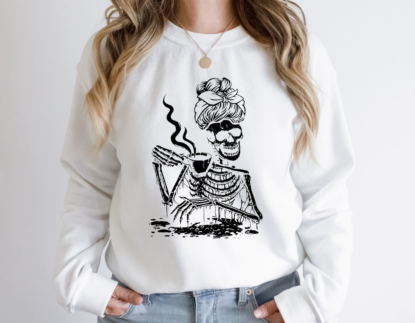 Skeleton Drinking Coffee Screen Print Transfer