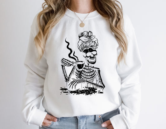 Skeleton Drinking Coffee Screen Print Transfer