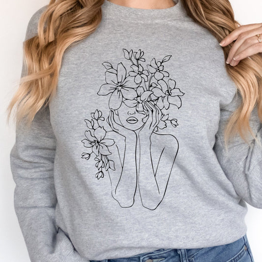 Floral Girl Line Drawing Screen Print Transfer