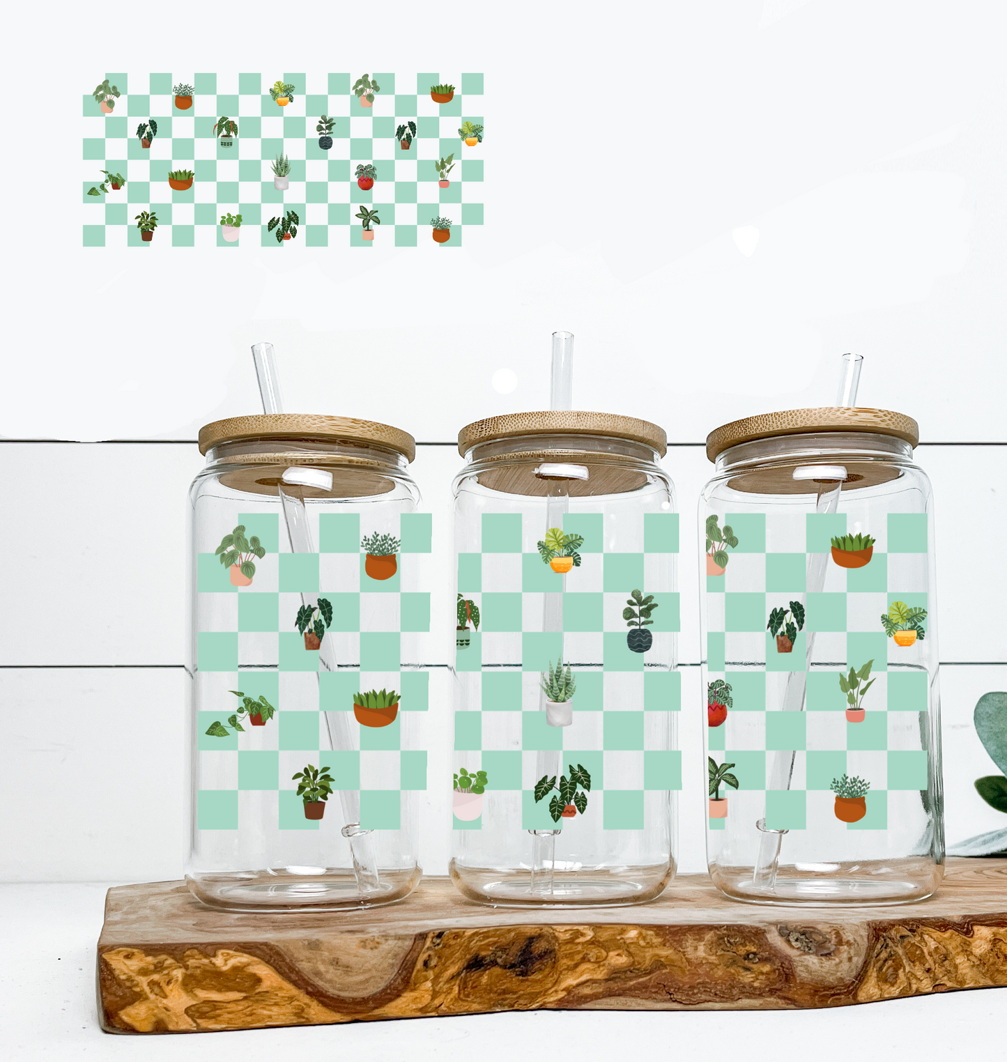 Green Checked & Potted Plants UV DTF Wrap DOUBLE SIDED