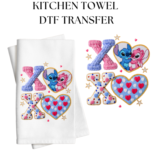 XOXO Blue and Pink Aliens Kitchen Towel DTF Transfer