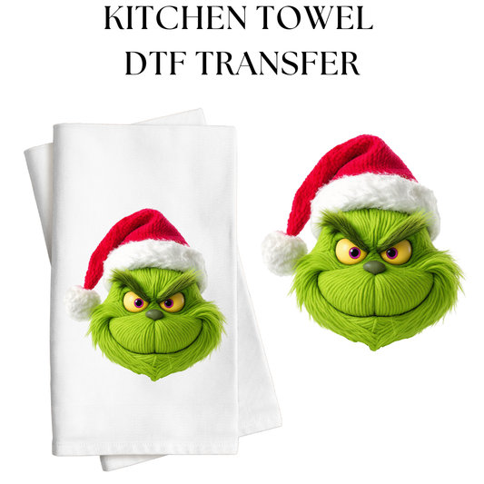 Green Monster Face Santa Hat Kitchen Towel DTF Transfer
