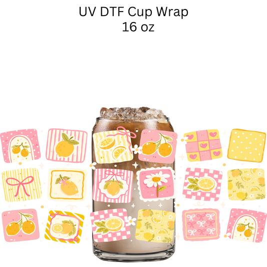 Pink Yellow Lemon Squares UV DTF Cup Wrap