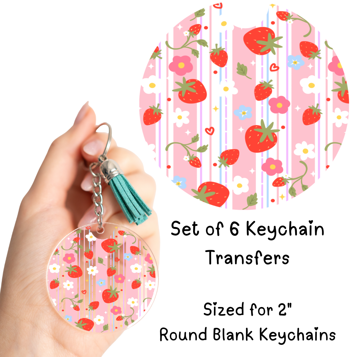 Strawberry White Flowers Stripes Round Keychain Transfer