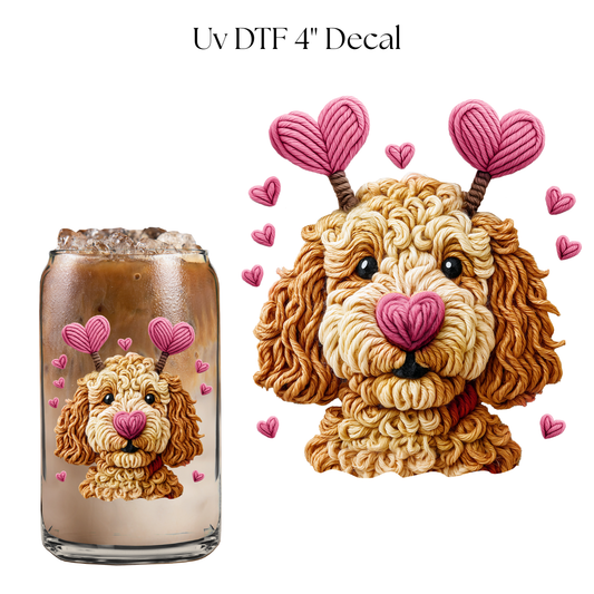 Valentine Puppy Faux Yarn 4” UV DTF Decal