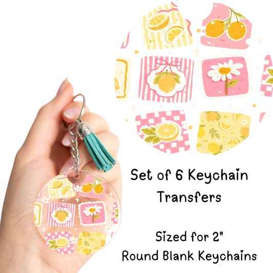Pink Yellow Lemon Squares Round Keychain Transfer