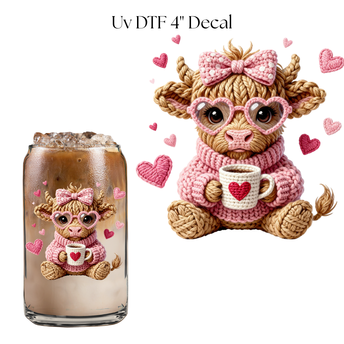 Valentine Baby Cow Faux Yarn 4” UV DTF Decal