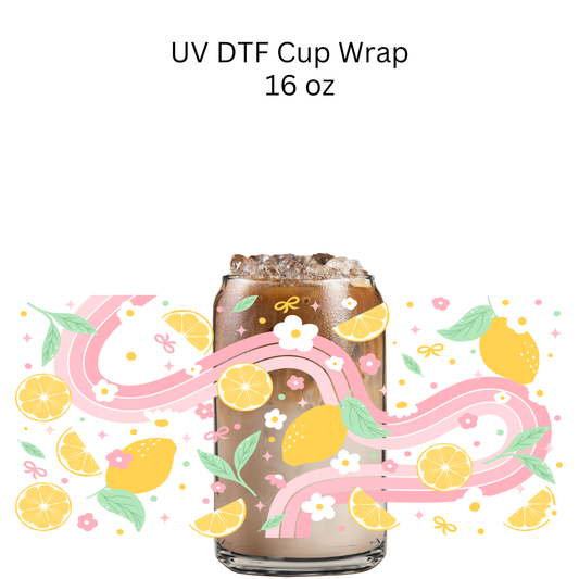 Yellow Lemons Pink Ribbon UV DTF Cup Wrap