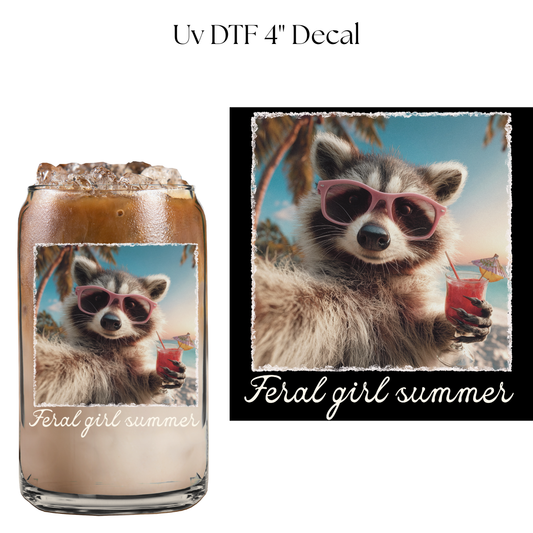 Raccoon Feral Girl Summer 4” UV DTF Cup Decal