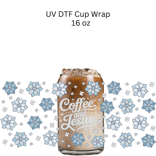 Blue Floral Coffee and Jesus UV DTF Cup Wrap