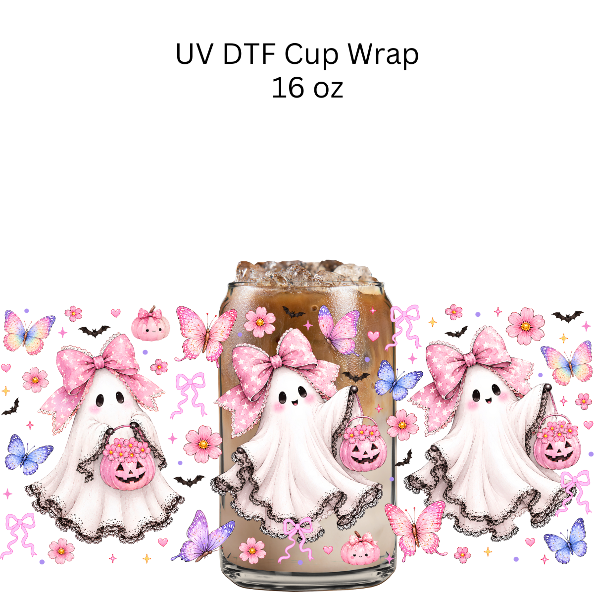 Lace Pink Bow Ghosts UV DTF Cup Wrap
