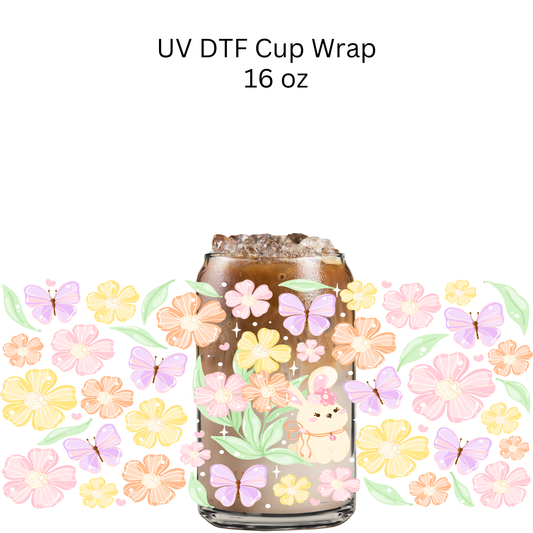 Colorful Pastel Flowers and Bunny UV DTF Cup Wrap