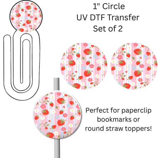 Strawberries White Flowers Pink Stripes 1” UV DTF Transfer For Paperclip Bookmark or Straw Topper SET OF 2