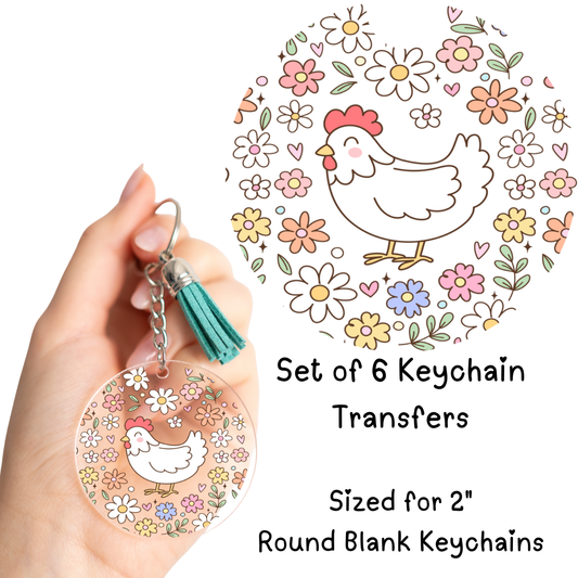Chicken Flowers Round Keychain Transfer