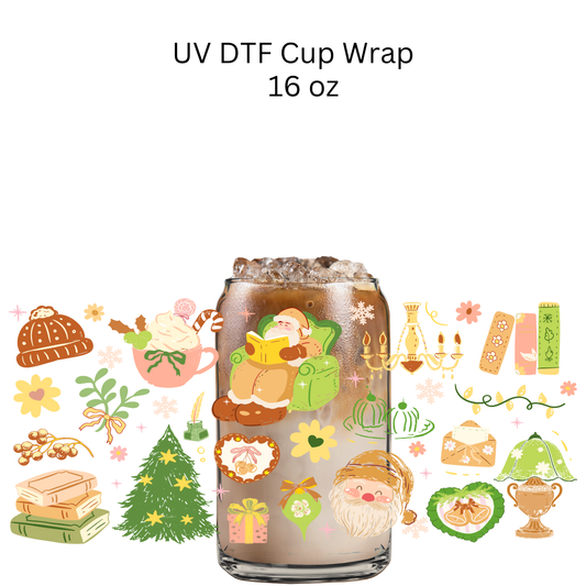 Green Santa Reading UV DTF Cup Wrap