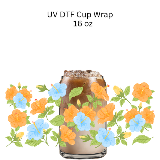 Orange Blue Hibiscus UV DTF Cup Wrap