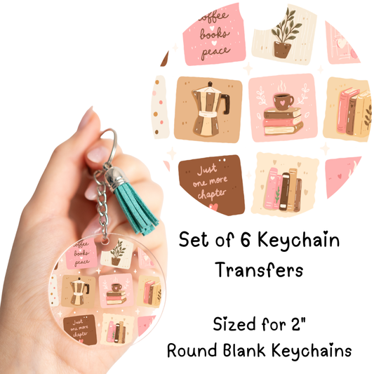 Coffee Books Peace Squares Round Keychain Transfer