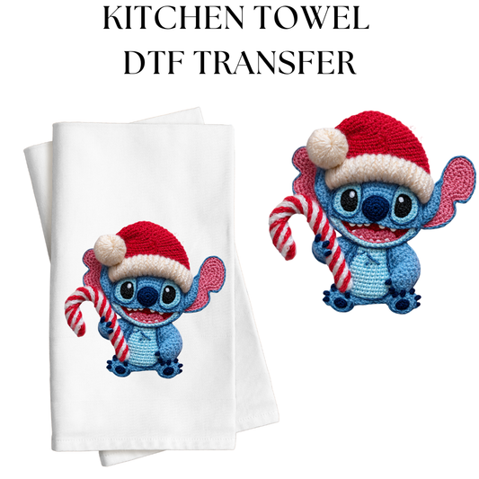 Blue Alien Candy Cane  Faux Yarn Kitchen Towel DTF Transfer