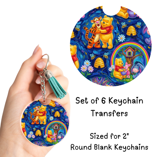 Blue Bear Round Keychain Transfer Set of 6