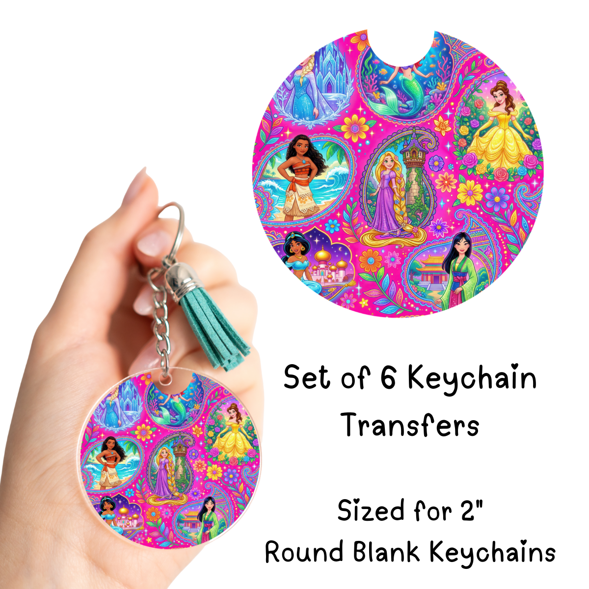 Pink Princesses Round Keychain Transfer Set of 6