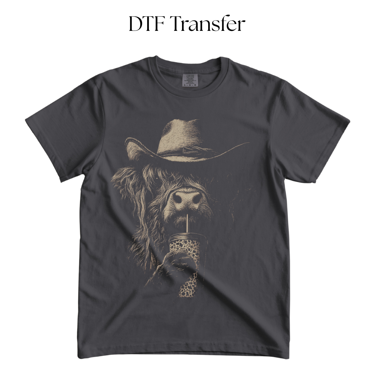 Western Cow With Tumbler (Press On Black) DTF Transfer