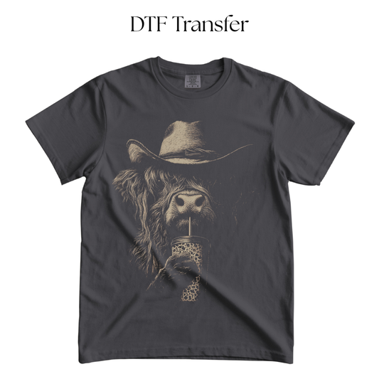 Western Cow With Tumbler (Press On Black) DTF Transfer
