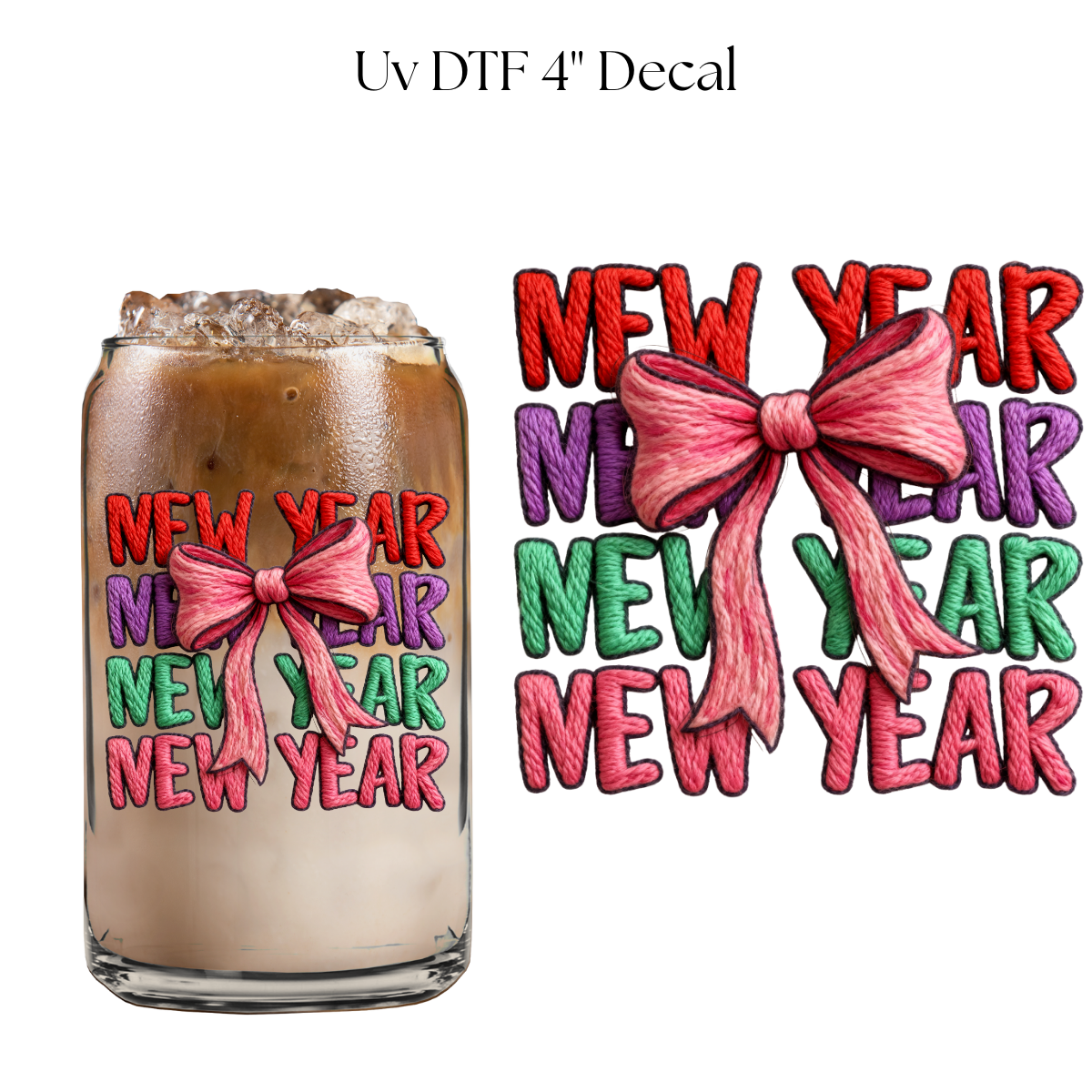 New Year Bow Faux Embroidery 4” UV DTF Decal