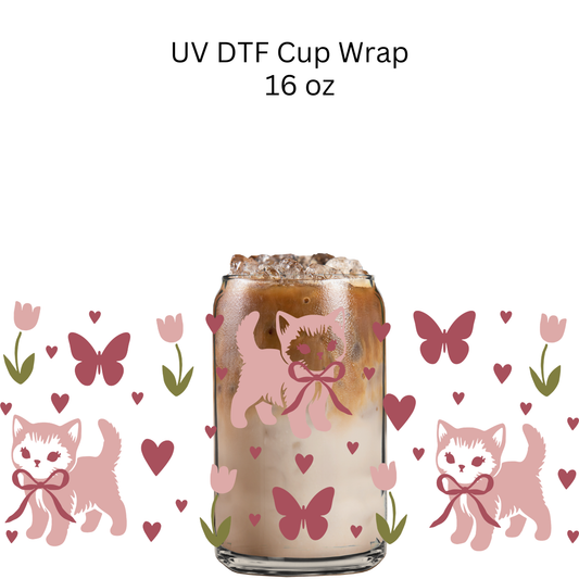Pink Cat and Tulips UV DTF Cup Wrap