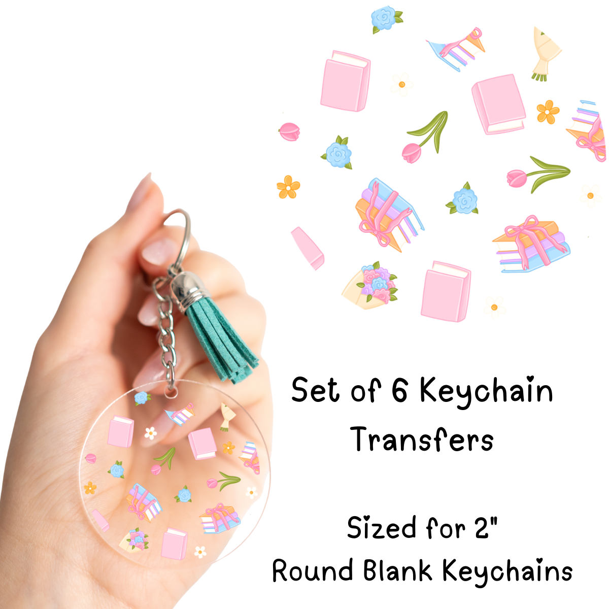 Floral Pastel Books Round Keychain Transfer