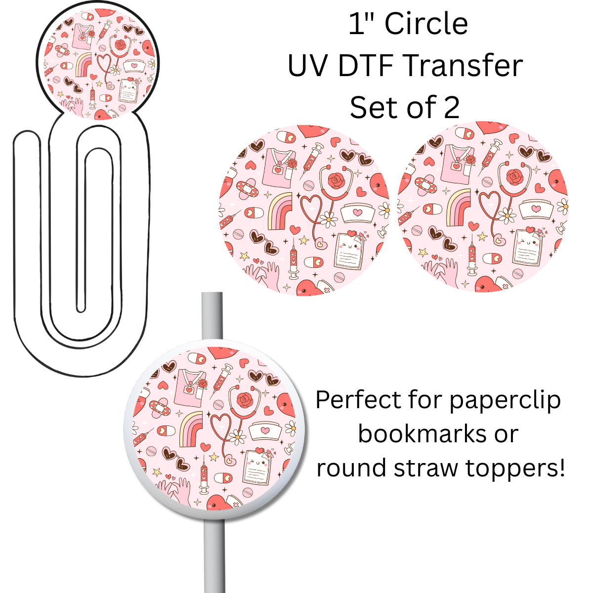 Pink Nurse 1” UV DTF Transfer For Paperclip Bookmark or Straw Topper SET OF 2